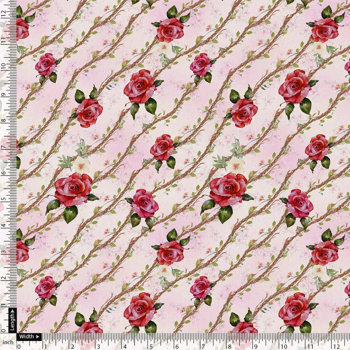 Autumnal Red Roses With Leaves Digital Printed Fabric - Weightless