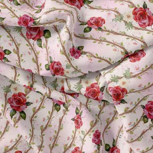 Autumnal Red Roses With Leaves Digital Printed Fabric - Weightless