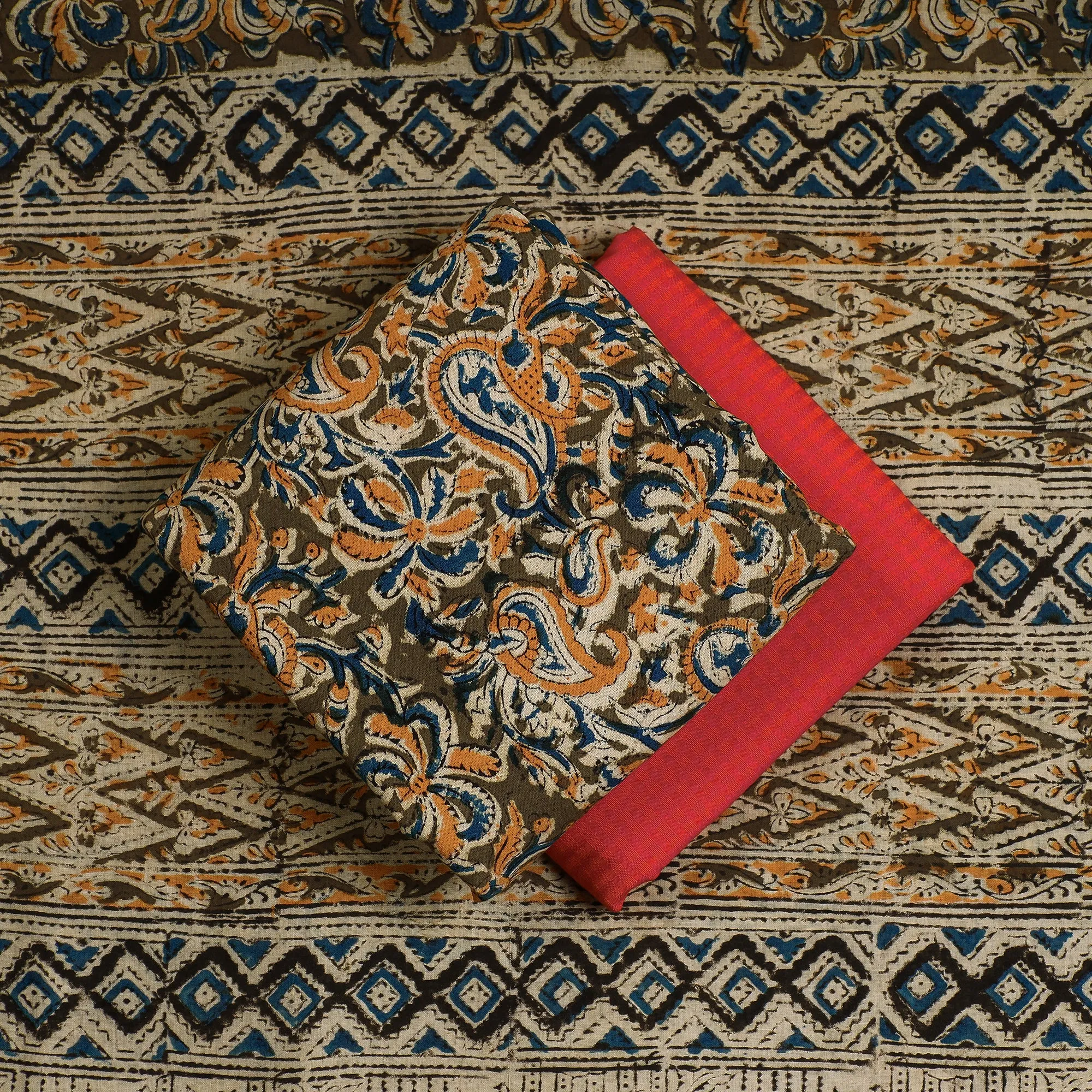 Brown - 3pc Kalamkari Block Printed Cotton Suit Material Set