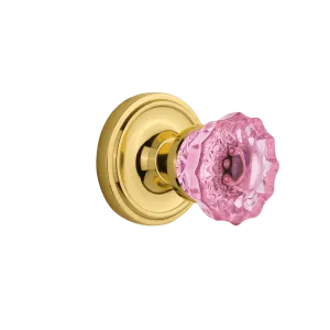 Classic Rosette with Pink Crystal Knob in Polished Brass