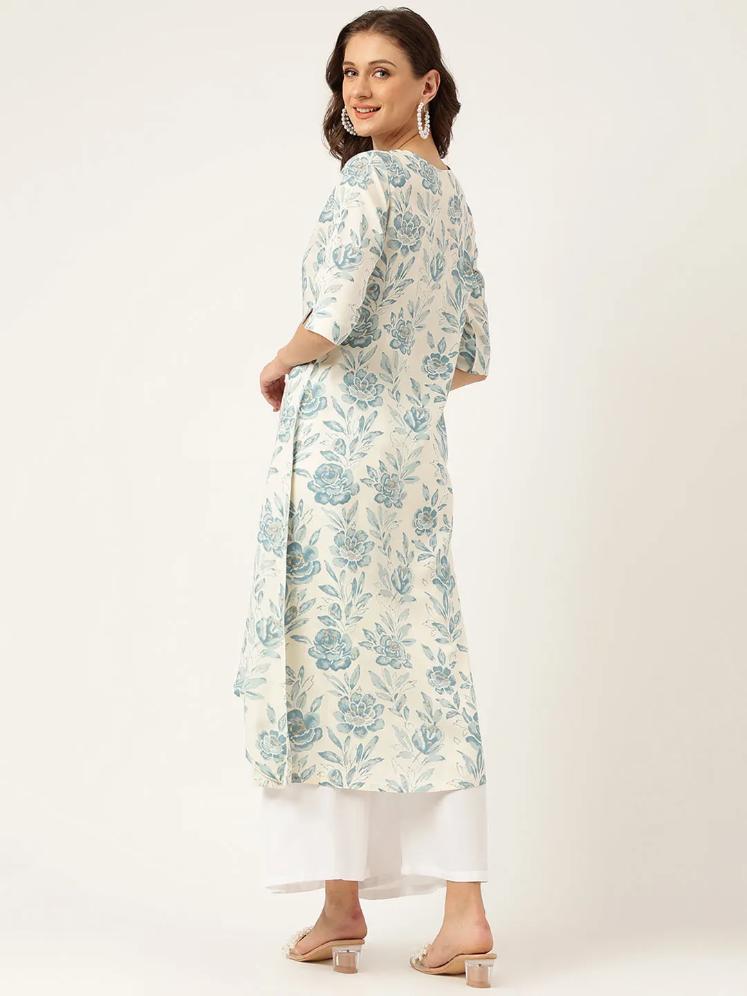 Floral Print A-Line Kurta With Asymmetric Hemline