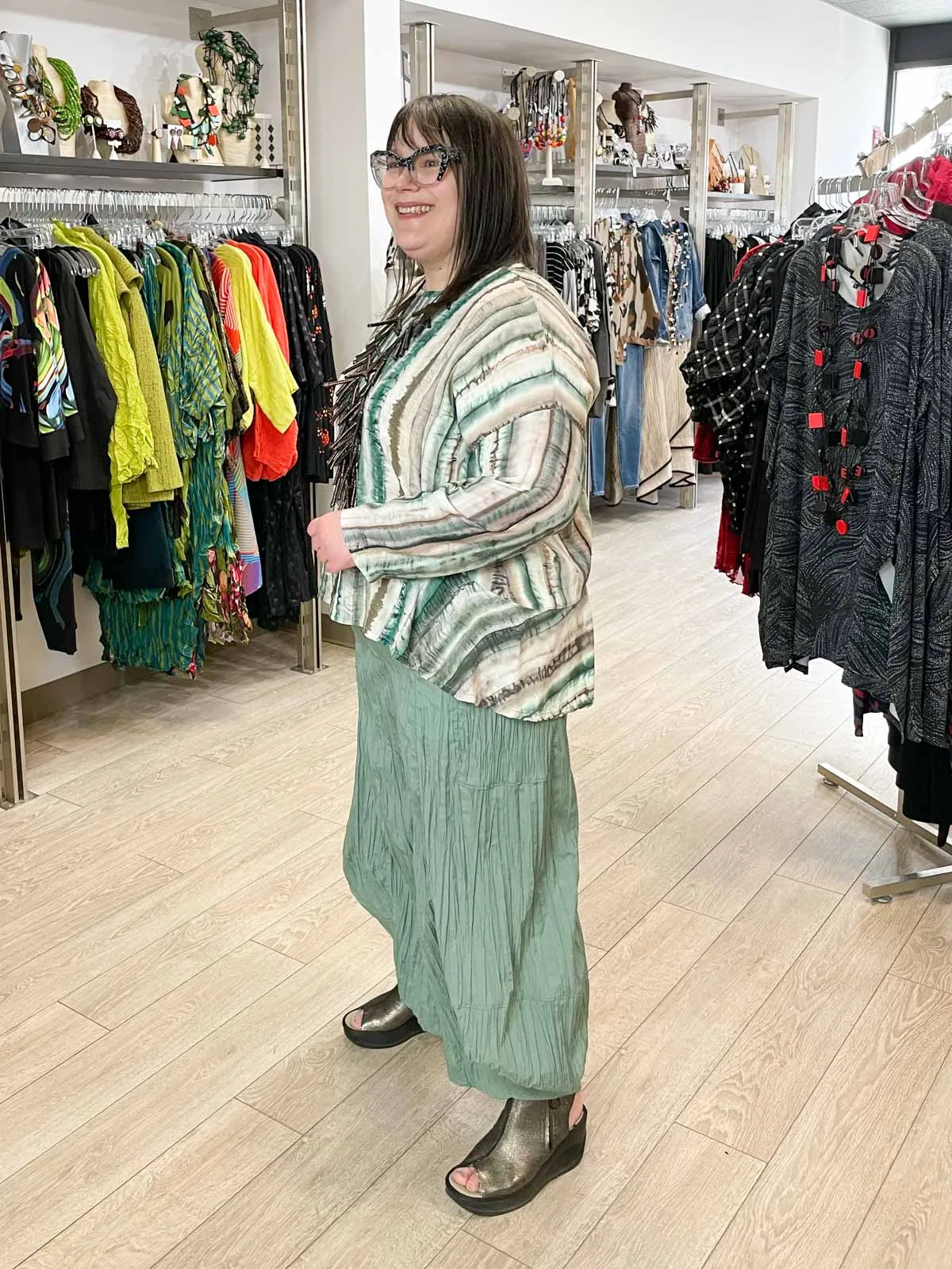 Fly Pant, Green Pleat