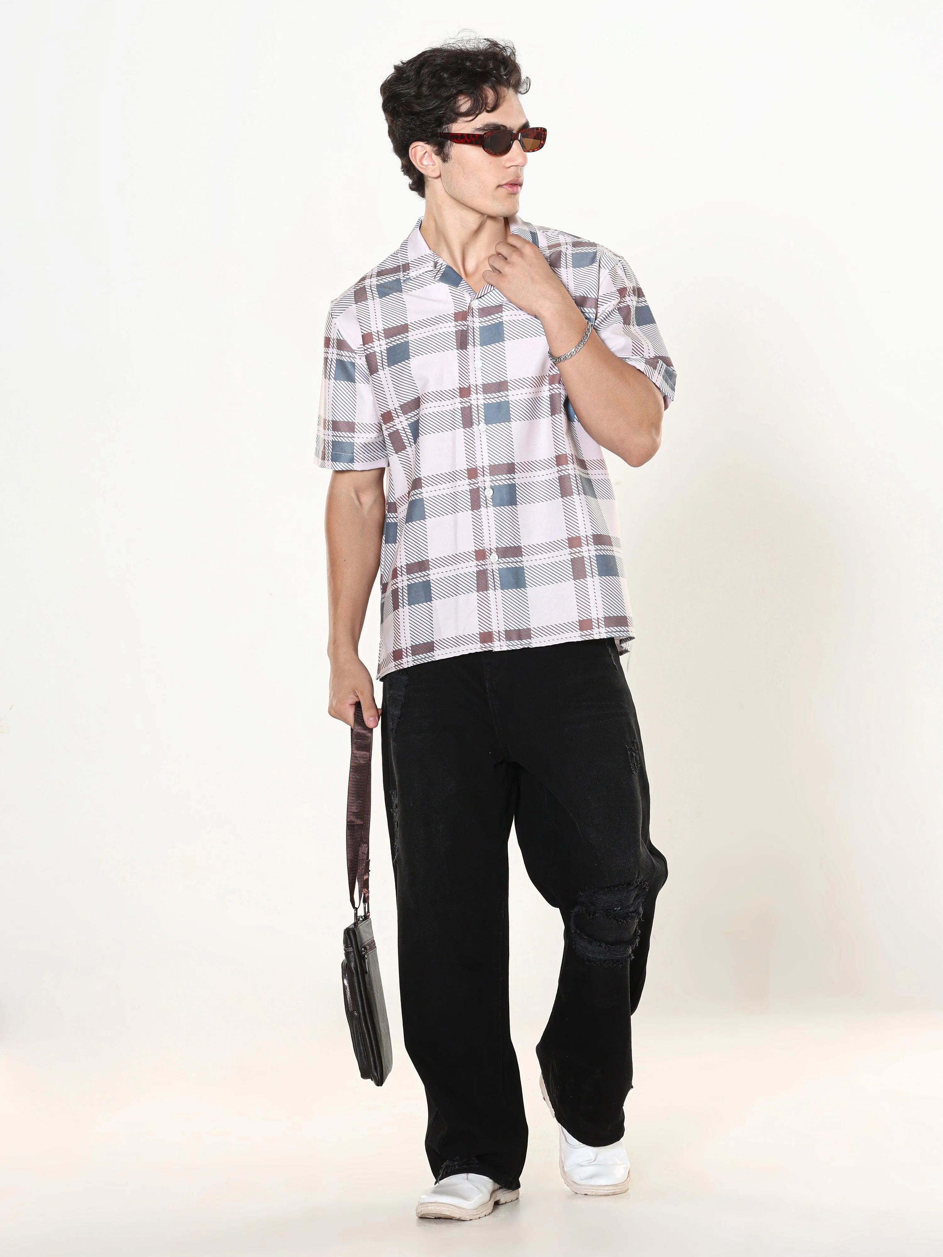 Kerenza - Checkered Lycra Shirt -Cement Grey