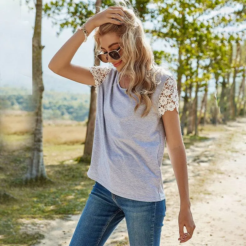 KittenAlarm - Spring and Summer New Female Body-fitting Solid Color Pullover Loose Round Neck Top Lace Short-sleeved T-shirt