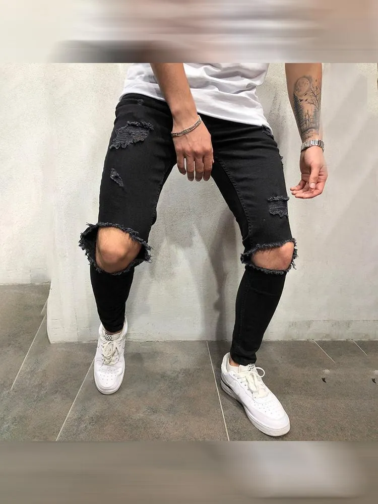 Men's Knee Slim Jeans Slim Stretch Pants