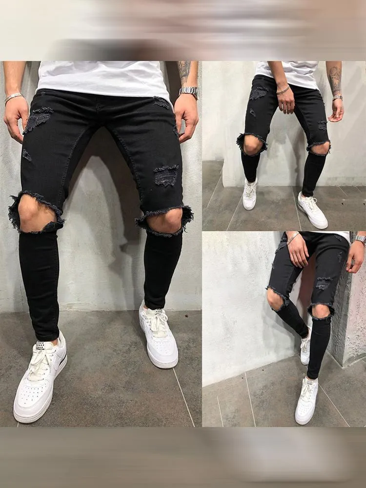Men's Knee Slim Jeans Slim Stretch Pants