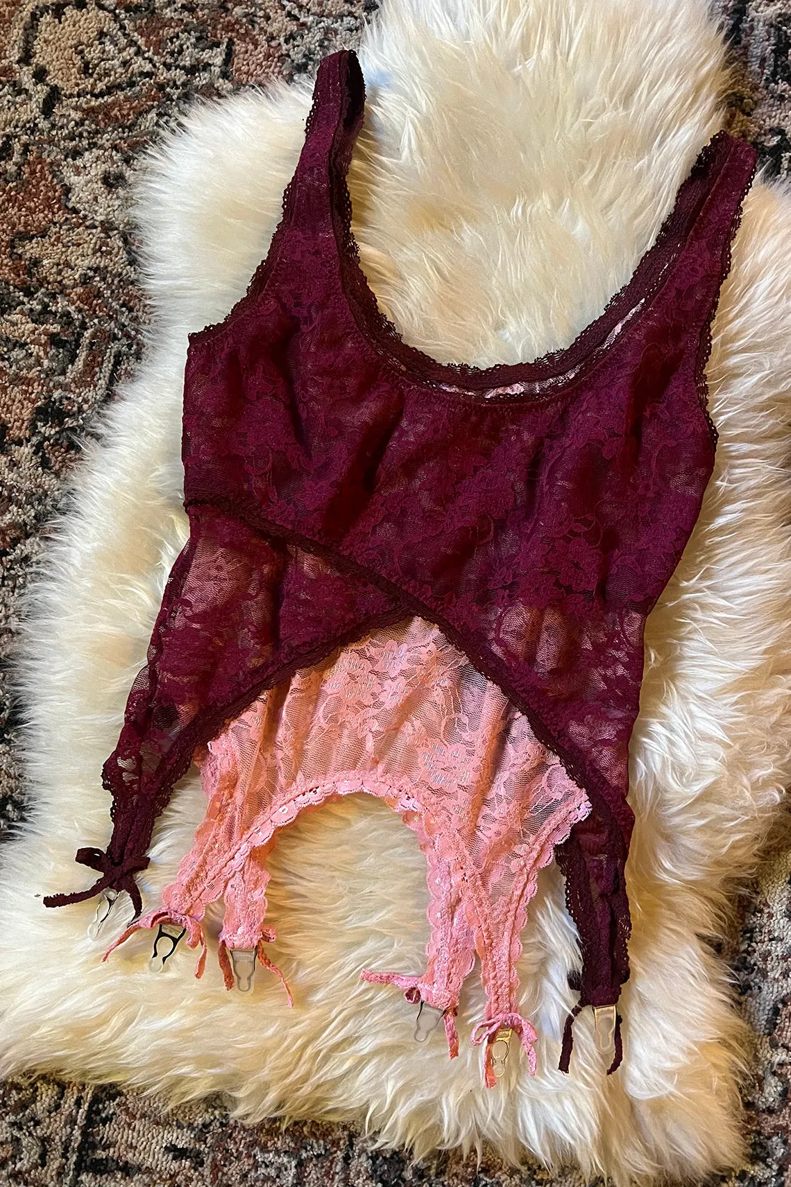 READY TO SHIP / Rosehip Garter Tank in Burgundy and Pink Surplus Lace (1S,1M)