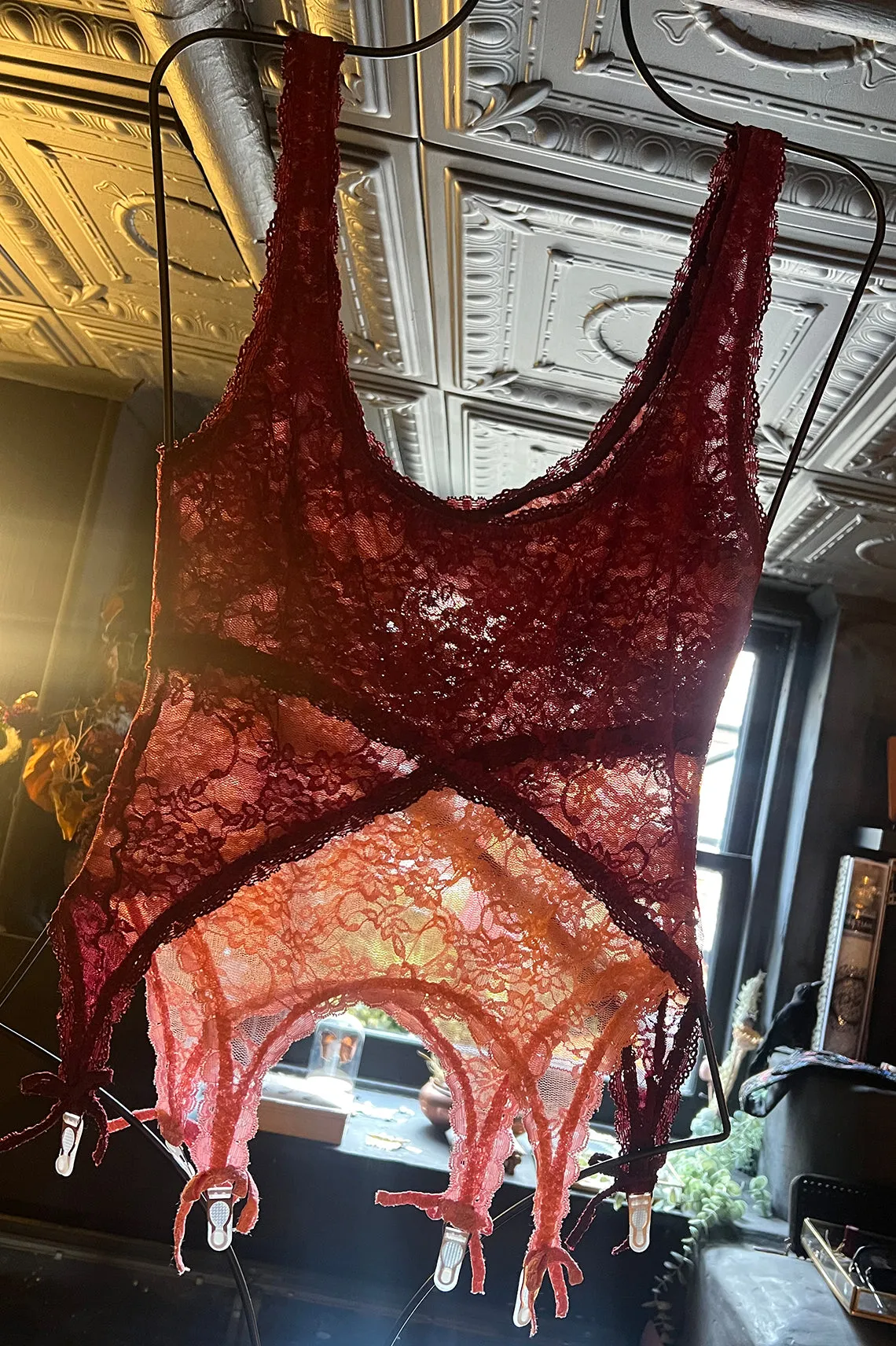 READY TO SHIP / Rosehip Garter Tank in Burgundy and Pink Surplus Lace (1S,1M)