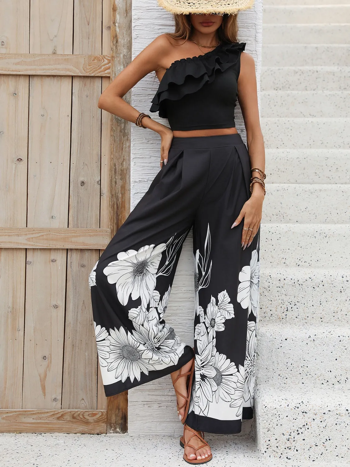 Ruffled Single Shoulder Top and Printed Pants Set