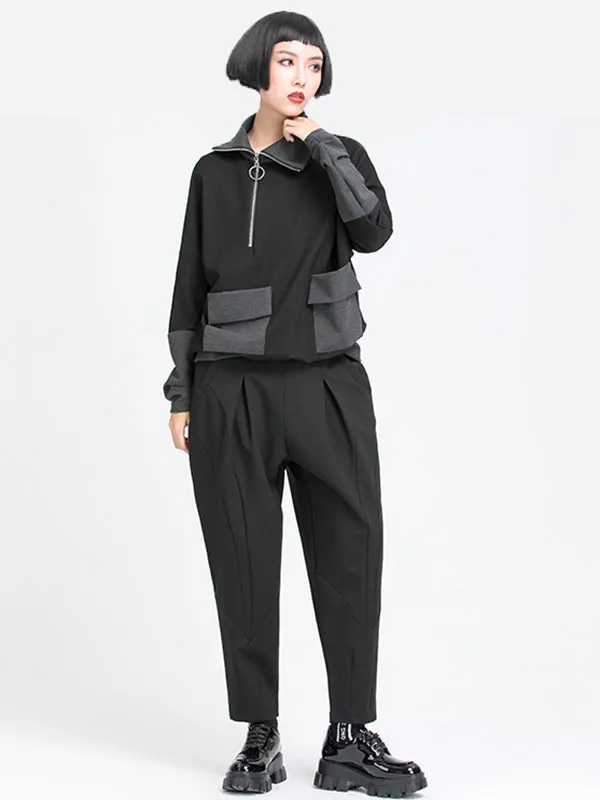 Simple Casual Split-Joint Pleats Black Harem Pants