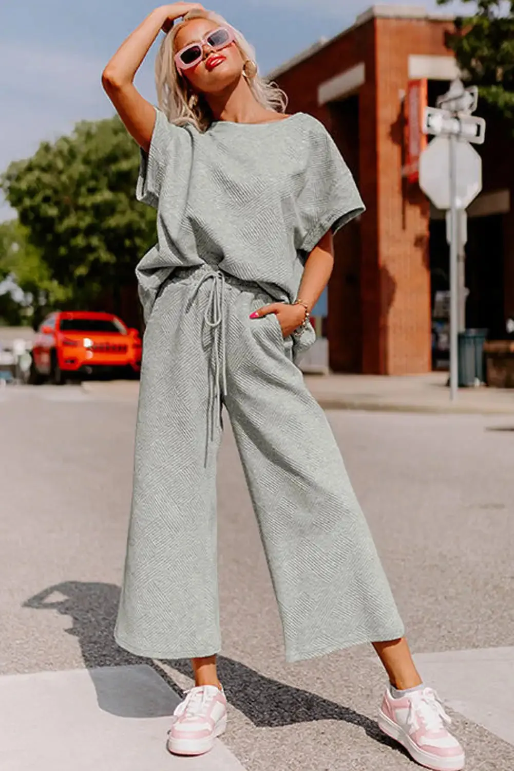 Textured Gray T Shirt and Drawstring Pants Set