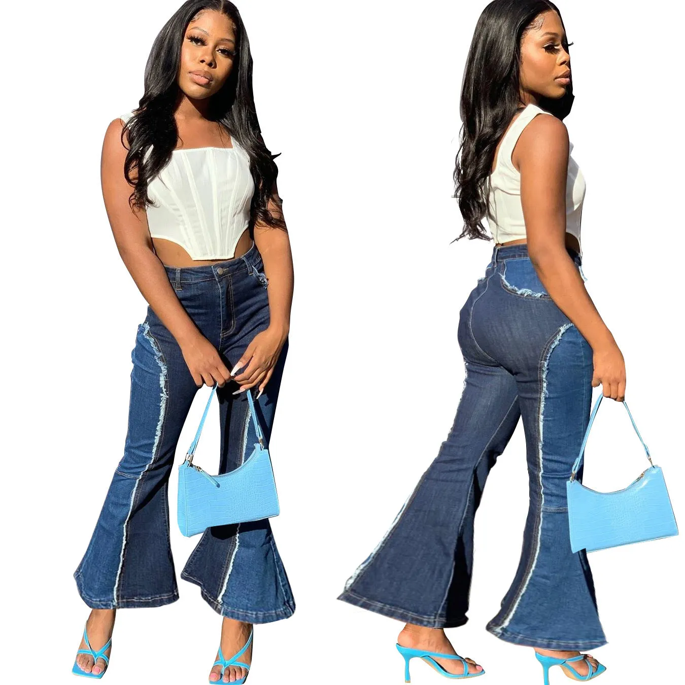 Toleet 2000s fashion Fashionable Slim Fit Versatile Stitching Denim Stretch Flared Pants