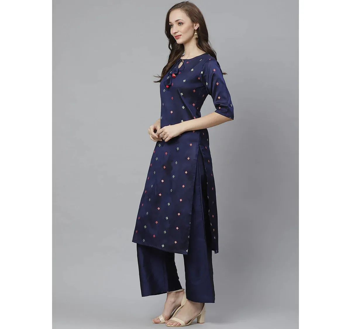 Women'S Navy Blue & Golden Woven Design Kurta With Palazzos