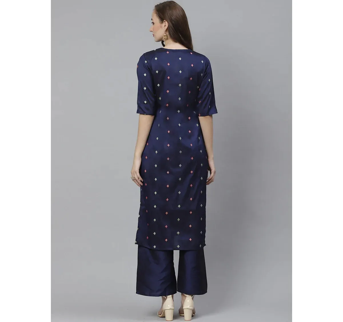 Women'S Navy Blue & Golden Woven Design Kurta With Palazzos