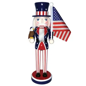 Wooden Stars & Stripes Patriotic Nutcracker Holding American Flag & Eagle